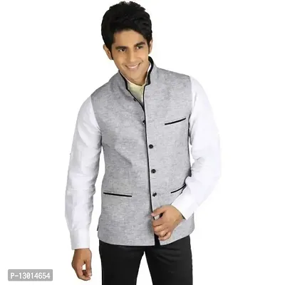Kokal Jute Grey Nehru Jacket Size-S-thumb0