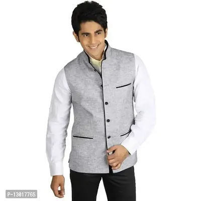 Kokal Jute Grey Nehru Jacket Size-L