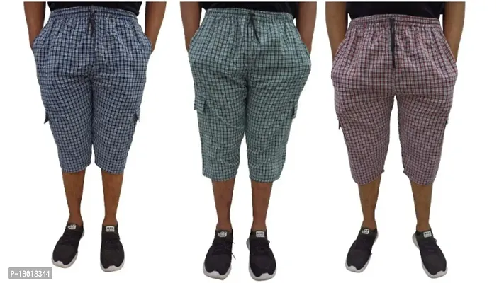 Fabus Men's Cotton Checkered Capri 3/4th Shorts Pack of 3