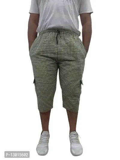 Men's Cotton Checkered Printed 3/4 Capri, Shorts, Yellow Pack-of -1 (Size-L)