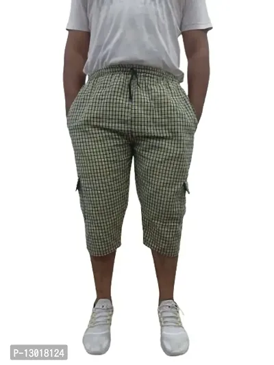 Generic Men's Cotton Checkered Printed Three Fourth Capri Shorts, Colors (Green XXL,Size )-thumb0