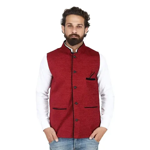 Kokal Red Men's Jute Waistcoat | Modi Jacket | Nehru Jacket for Men Stylish Bandhgala Sleeveless Regular Fit for Festive, Casual, or Occasional