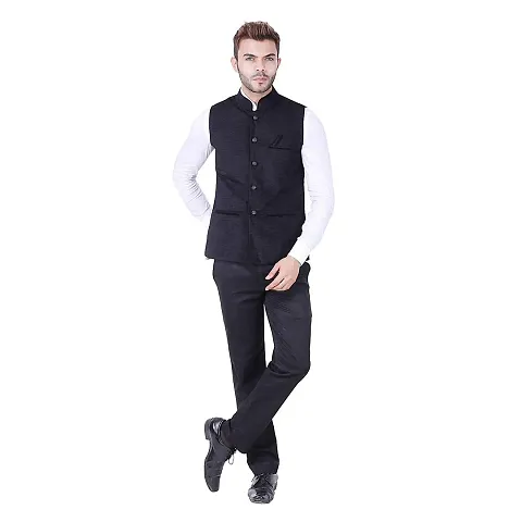 Kokal Black Men's Jute Waistcoat | Modi Jacket | Nehru Jacket for Men Stylish Bandhgala Sleeveless Regular Fit for Festive, Casual, or Occasional