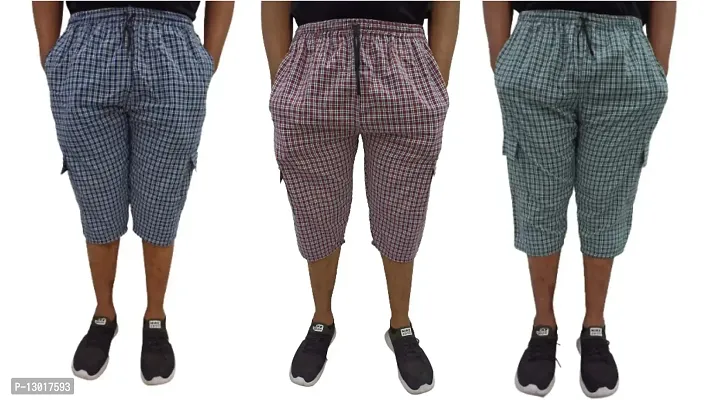 Fabus Men's Cotton Checkered Multicoloured 3/4th Capri Shorts Combo of 3, Size -XL