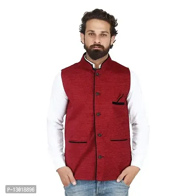Kokal Red Men's Jute Waistcoat | Modi Jacket | Nehru Jacket for Men Stylish Bandhgala Sleeveless Regular Fit for Festive, Casual, or Occasional (Size-L)