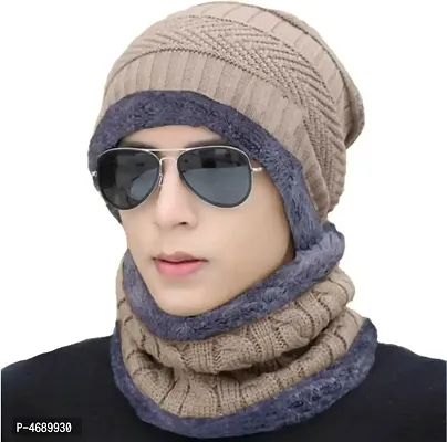 Woolen Beanie Cap With Neck Muffler/Neck Warmer Inside Wool Fur Winter Cap for Men / Women