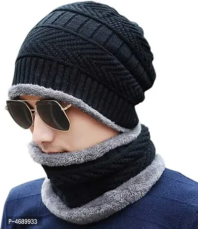 Woolen Beanie Cap With Neck Muffler/Neck Warmer Inside Wool Fur Winter Cap for Men / Women-thumb0