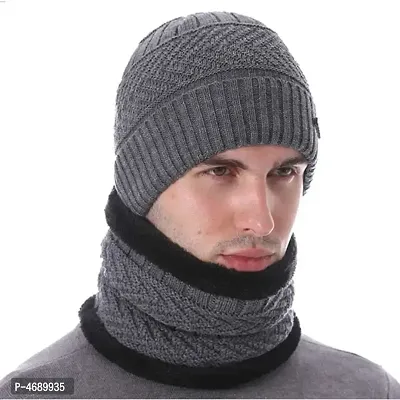 Woolen Beanie Cap With Neck Muffler/Neck Warmer Inside Wool Fur Winter Cap for Men / Women