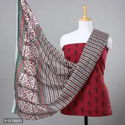 Stylish Red Cotton Solid Dress Material with Dupatta For Women