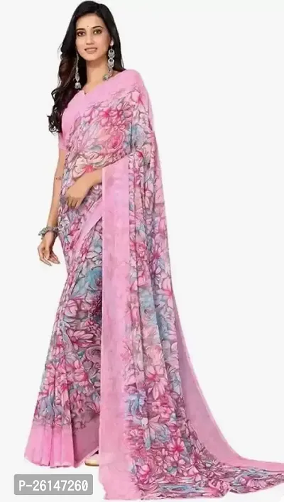 Elegant Pink Printed Georgette Saree with Blouse piece For Women-thumb0