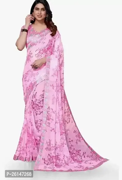 Elegant Pink Printed Georgette Saree with Blouse piece For Women-thumb0