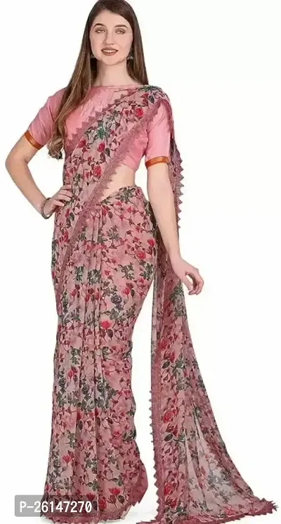 Elegant Pink Printed Georgette Saree with Blouse piece For Women