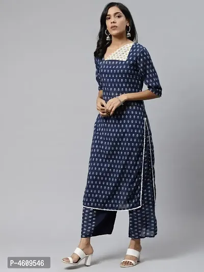 women navy Blue white printed kurta with palazzo