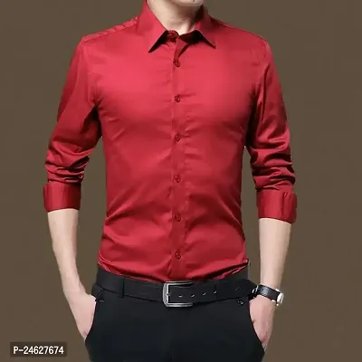 Reliable Red Lycra Solid Long Sleeves Casual Shirts For Men-thumb0