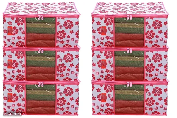 Printed Non-Woven Saree Cover | Cloth Storage | Organizer With Transparent Window | Saree Covers For Storage|aree Packing Covers For Wedding (Pink  White)-thumb0