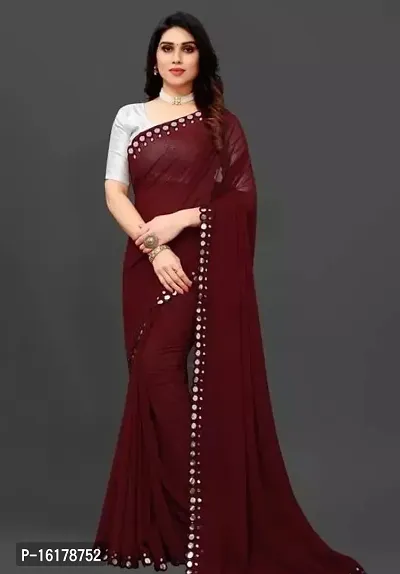 Stylish Georgette Maroon Mirror Work Saree with Blouse Piece For Women-thumb0