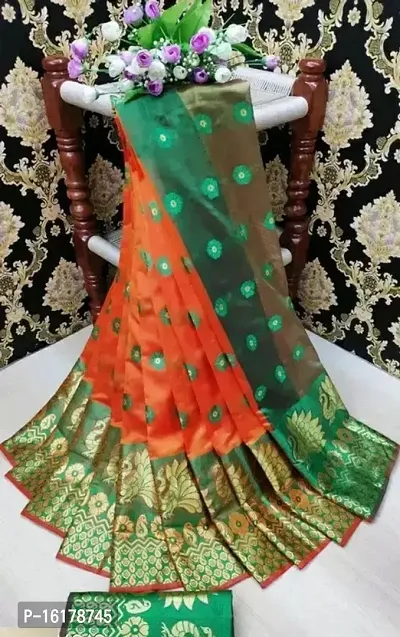 Stylish Cotton Silk Orange Jacquard Saree with Blouse Piece For Women-thumb0