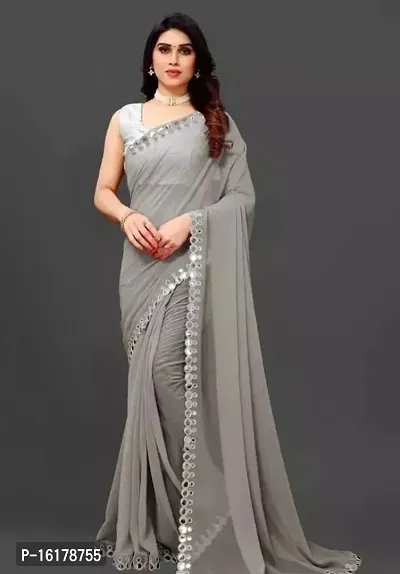 Stylish Georgette Grey Mirror Work Saree with Blouse Piece For Women-thumb0