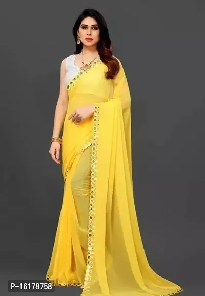 Stylish Georgette Yellow Mirror Work Saree with Blouse Piece For Women-thumb0