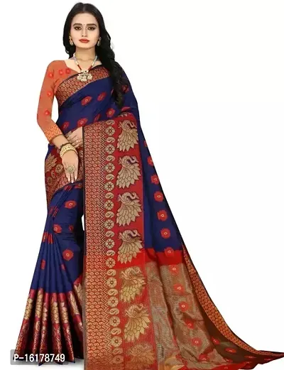 Stylish Cotton Silk Blue Jacquard Saree with Blouse Piece For Women-thumb0