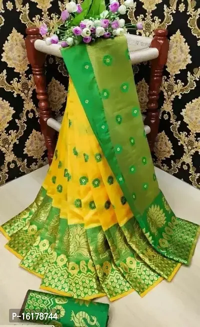 Stylish Cotton Silk Yellow Jacquard Saree with Blouse Piece For Women-thumb0