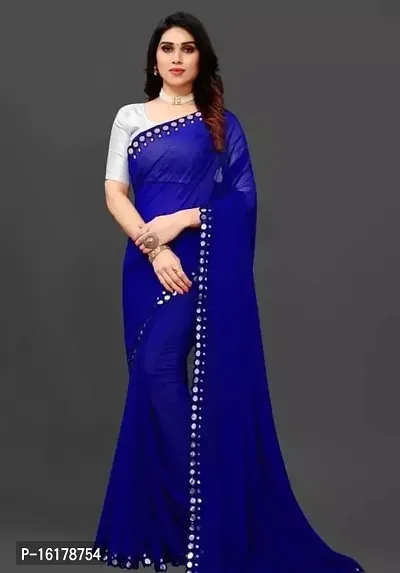 Stylish Georgette Blue Mirror Work Saree with Blouse Piece For Women-thumb0