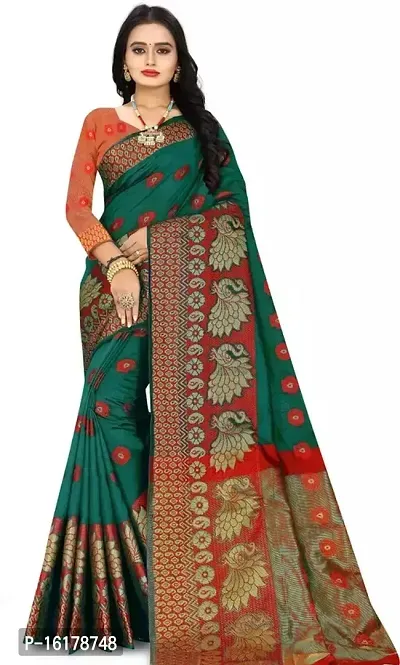 Stylish Cotton Silk Green Jacquard Saree with Blouse Piece For Women-thumb0