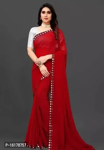 Stylish Georgette Red Mirror Work Saree with Blouse Piece For Women-thumb0