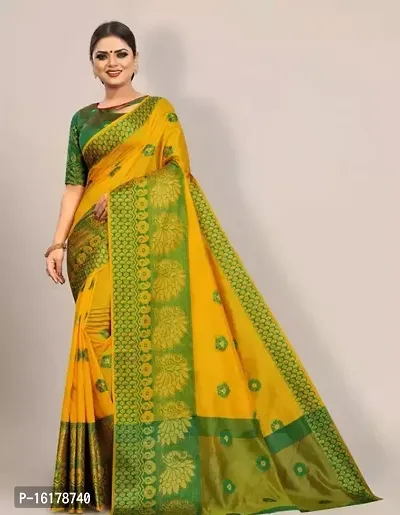 Stylish Cotton Silk Yellow Jacquard Saree with Blouse Piece For Women