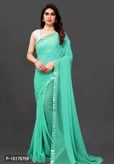 Stylish Georgette Green Mirror Work Saree with Blouse Piece For Women-thumb0