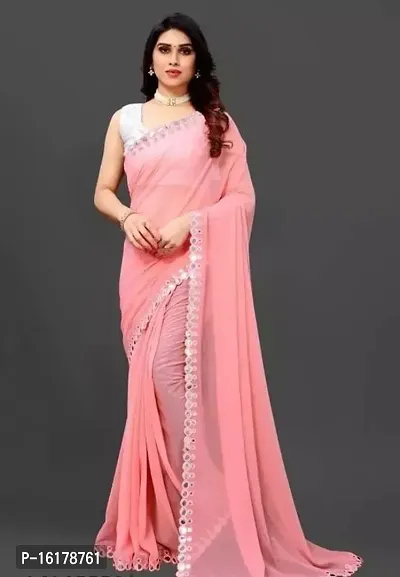 Stylish Georgette Pink Mirror Work Saree with Blouse Piece For Women-thumb0