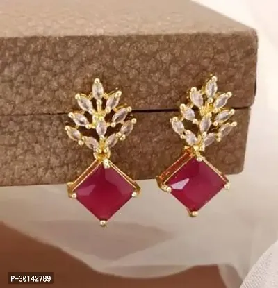 Red Artificial Gemstone Golden Earrings For Women-thumb0