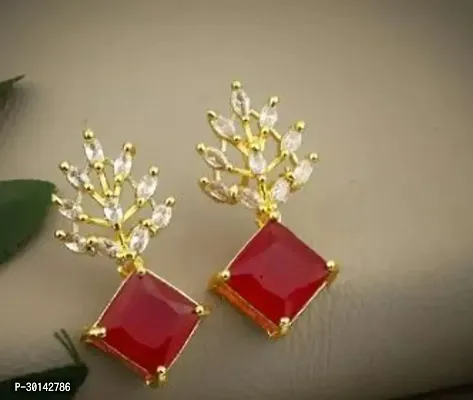 Red Artificial Gemstone Golden Earrings For Women-thumb0