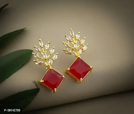 Red Artificial Gemstone Golden Earrings For Women-thumb4