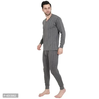 Stylish Cotton Solid Grey Thermal Top And Pyjama Set For Men-thumb3