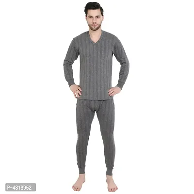 Stylish Cotton Solid Grey Thermal Top And Pyjama Set For Men-thumb0