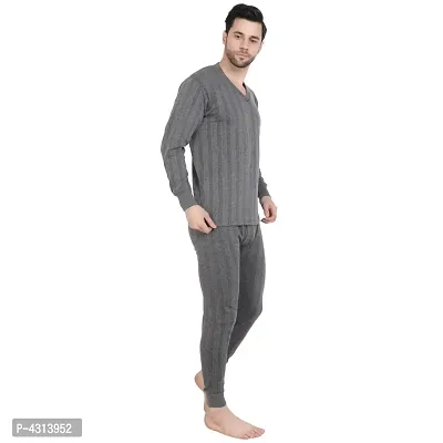 Stylish Cotton Solid Grey Thermal Top And Pyjama Set For Men-thumb4