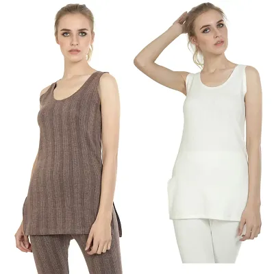 Elegant Cotton Blend Winter Solid Sleeveless Thermal Tops For Women- Pack Of 2