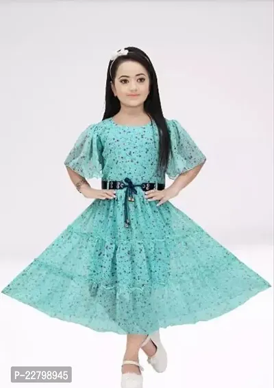 Fabulous Turquoise Georgette Printed Fit And Flare Dress For Girls