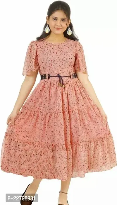 Fabulous Peach Cotton Blend Printed Fit And Flare Dress For Girls