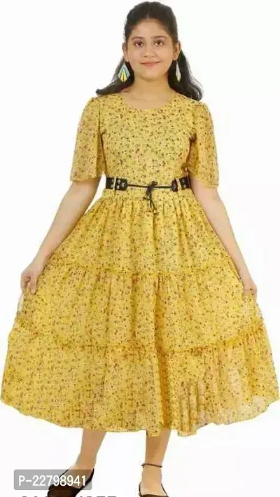 Fabulous Yellow Cotton Blend Printed Fit And Flare Dress For Girls