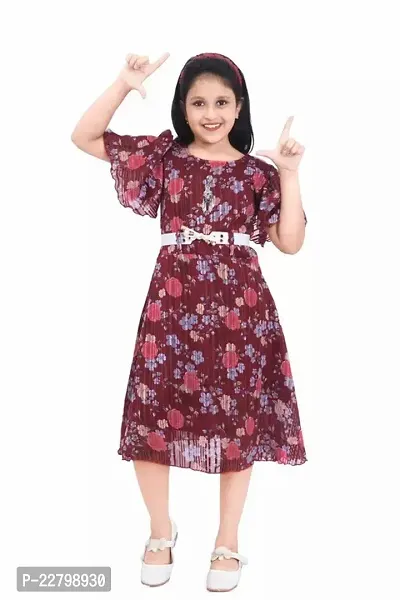 Fabulous Maroon Cotton Blend Printed Fit And Flare Dress For Girls-thumb0