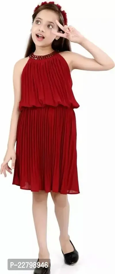 Fabulous Red Chiffon Printed Fit And Flare Dress For Girls
