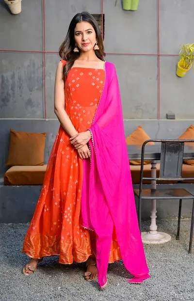 Orange Bandhani Print Anarkali Dress with Dupatta