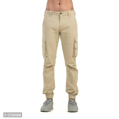 Alluring Beige Cotton Blend Solid Cargos For Men-thumb0