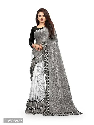 Stylish Grey Cotton Ethnic Motif Saree With Blouse Piece For Women-thumb0
