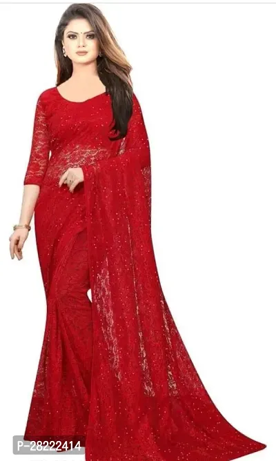 Stylish Red Net Floral Saree With Blouse Piece For Women