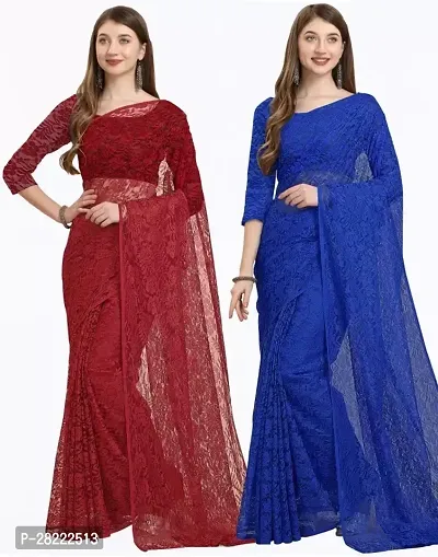 Stylish Multicoloured Net Floral Saree With Blouse Piece For Women Pack Of 2-thumb0