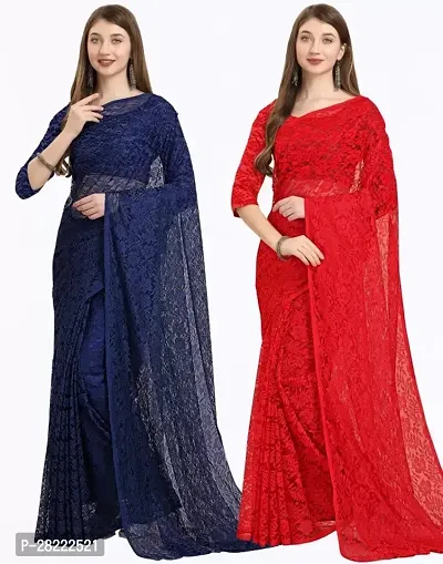 Stylish Multicoloured Net Floral Saree With Blouse Piece For Women Pack Of 2