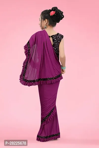 Elgant Purple Poly Silk Ruffle Border Saree with Separate Blouse Piece For Girls-thumb2